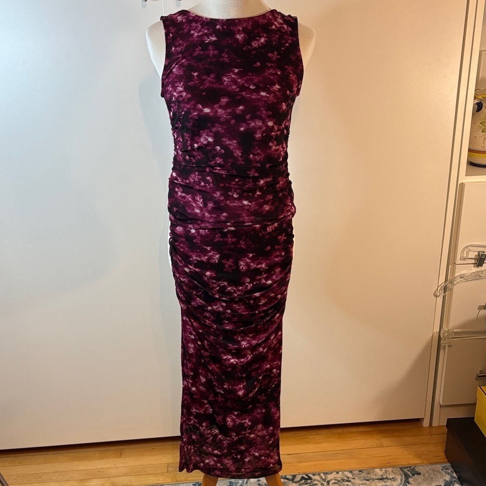 Calvin Klein Purple and Black Mesh Lined Ruched Sleeveless Top and Skirt Set | S